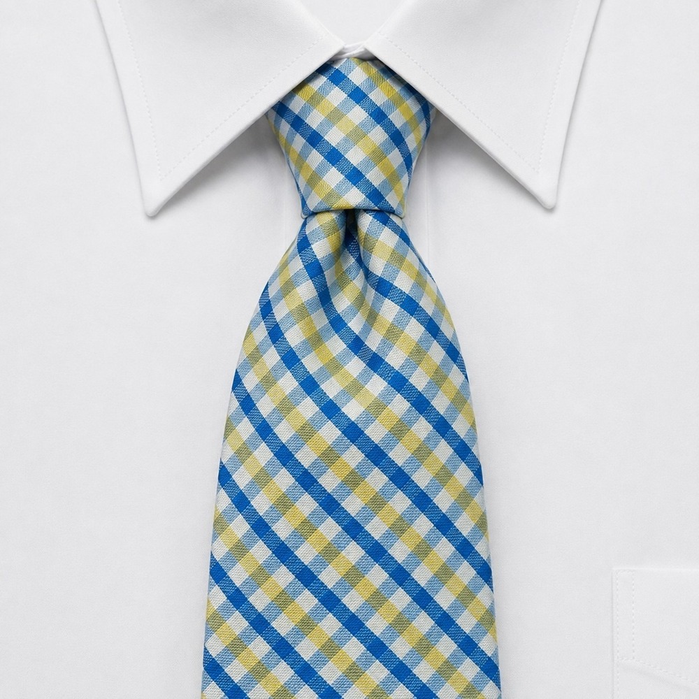 Nautica Necktie Mens OS Blue Yellow Gingham Check Plaid Polyester Business Tie